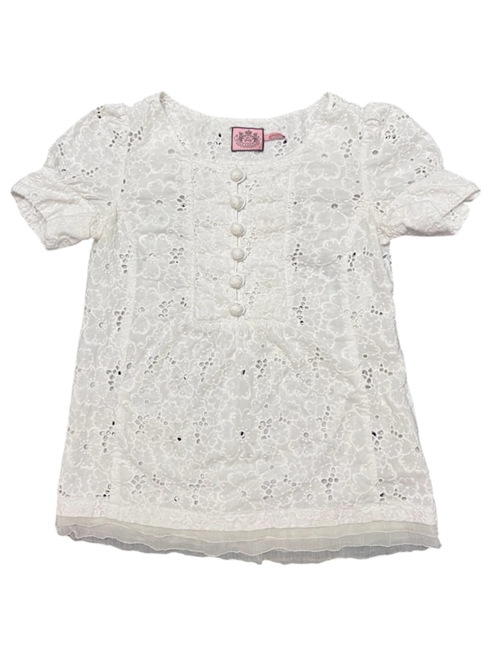 Juicy Couture White Eyelet Lace Top with Pink Label